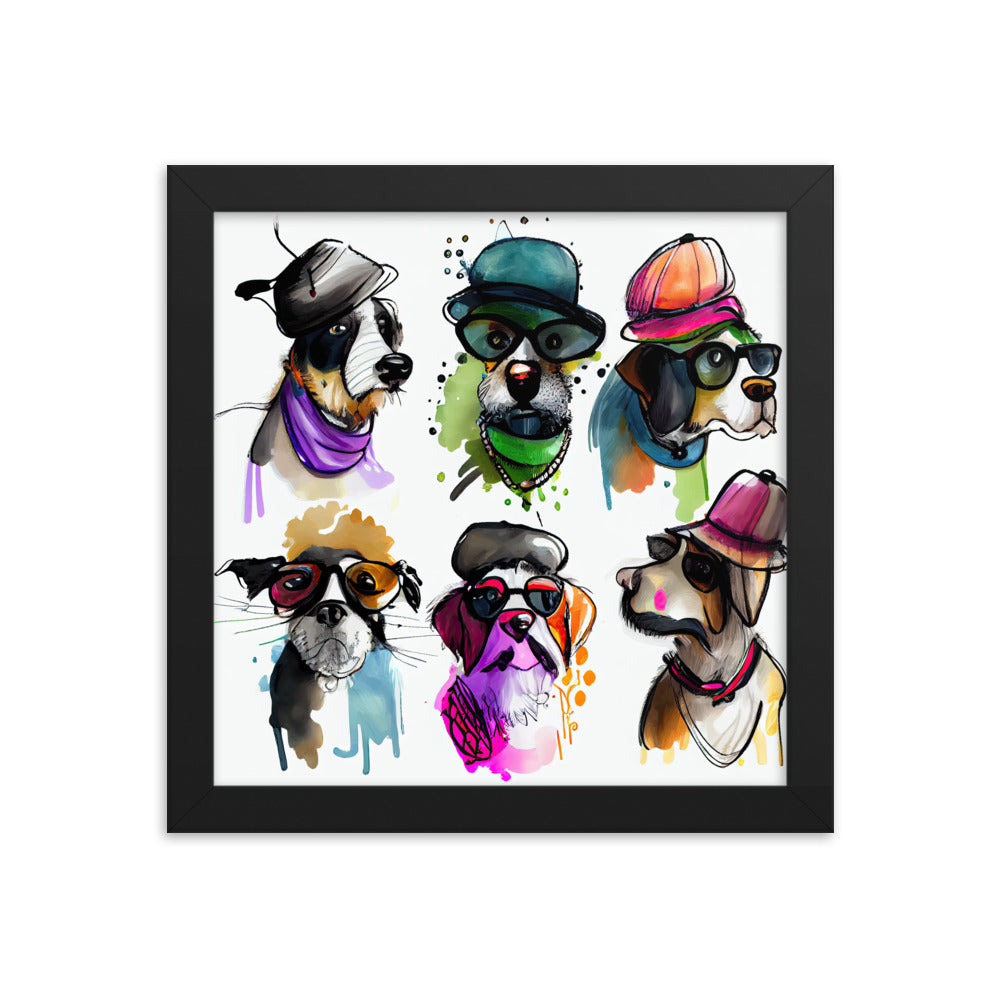 Group of dogs wearing hats and glasses