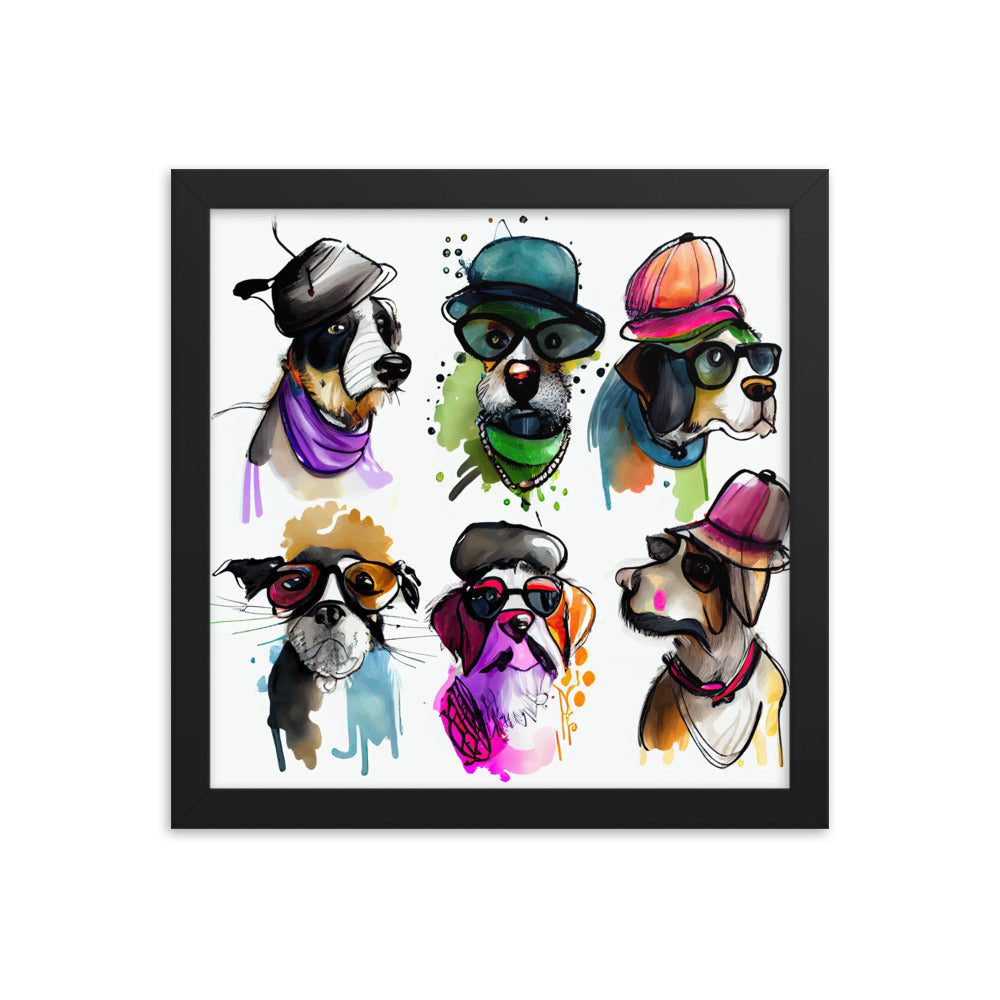 Group of dogs wearing hats and glasses