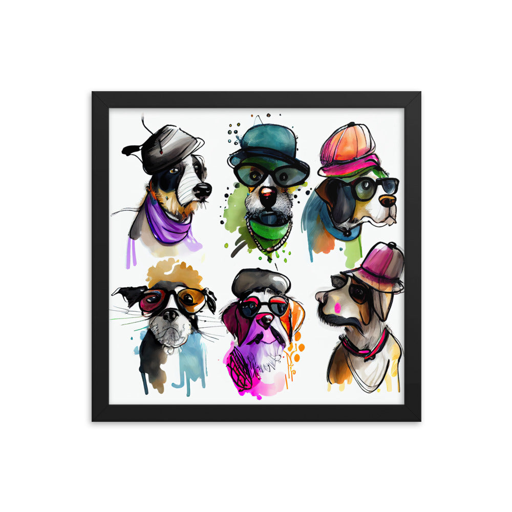 Group of dogs wearing hats and glasses