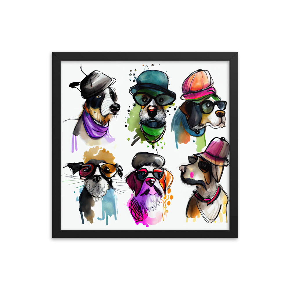 Group of dogs wearing hats and glasses