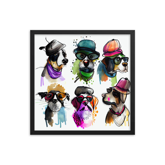 Group of dogs wearing hats and glasses