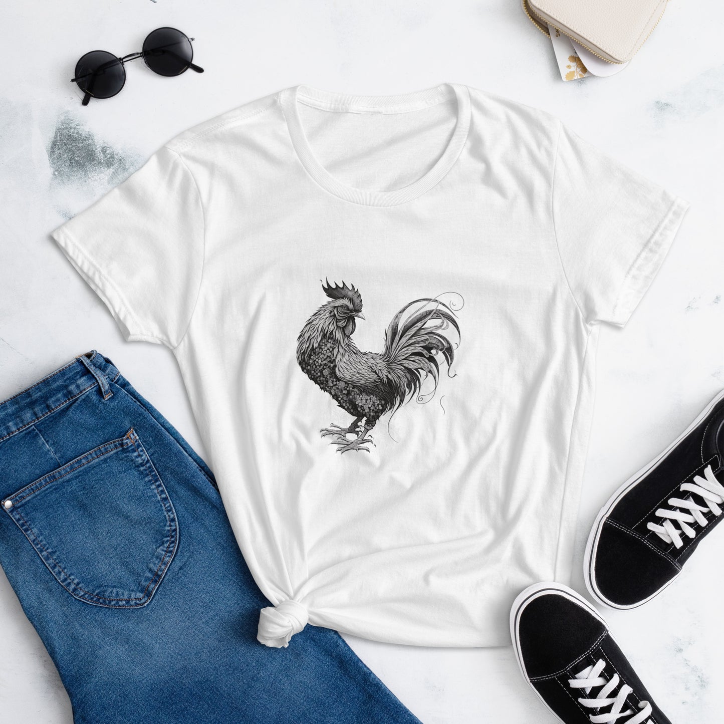 Rooster Chinese Zodiac Sign Tattoo Style, Women's short sleeve T-shirt